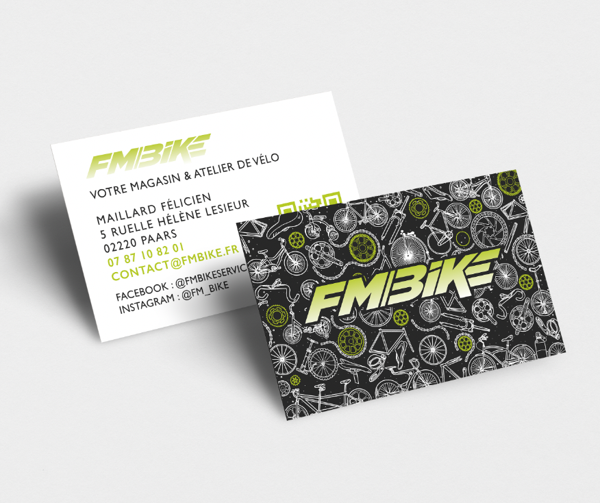 Création et impression de cartes de visite pour FM BIKE un magasin mais aussi atelier de vélo à Paars.